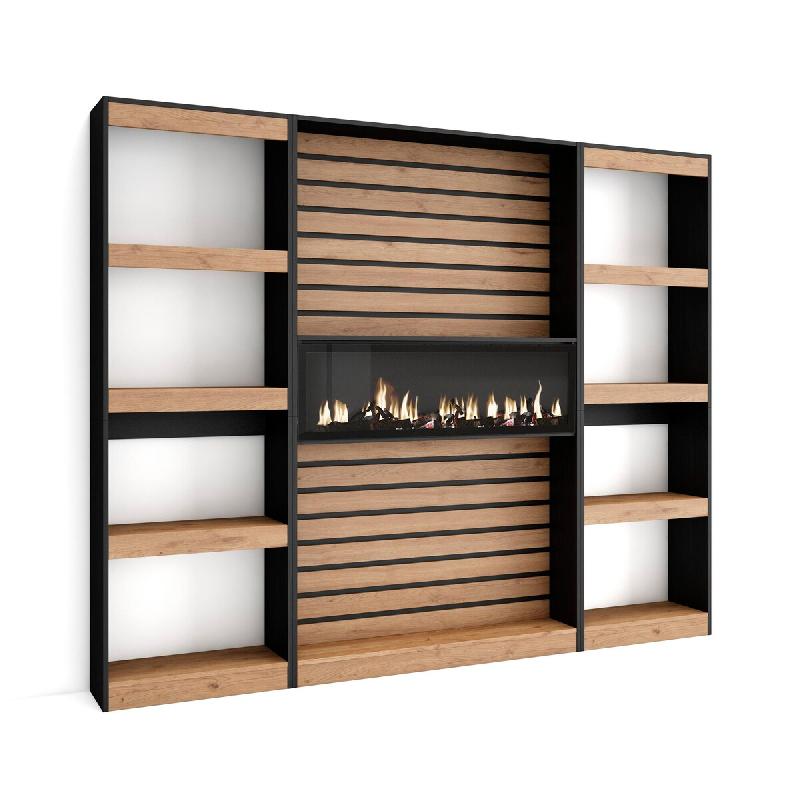 SKRAUT HOME Étagère Bibliothèque, 230x186x25cm, Salon Salle à manger Bureau, Cheminée électrique XXL, Chêne et noir - beige Bois manufacturé 86_6_0