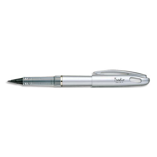 STYLO FEUTRE PENTEL A PLUME RECHARGEABLE - ENCRE LIQUIDE NOIRE - CORPS DECOR GRIS ALU - TRADIO