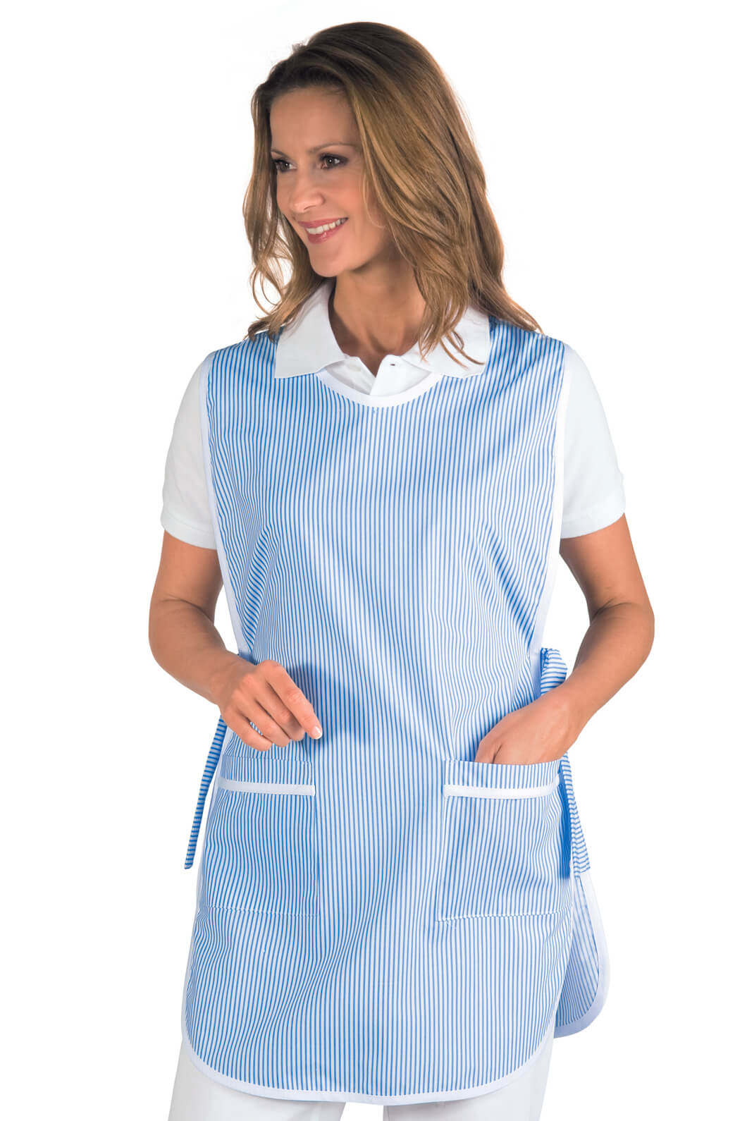 TABLIER MÉDICALE PONCHO BLANC RAYÉ BLEU