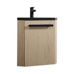 Meuble lave-mains d'angle SKINO décor chêne - vasque noire en résine - porte réversible - 3760232699652_0