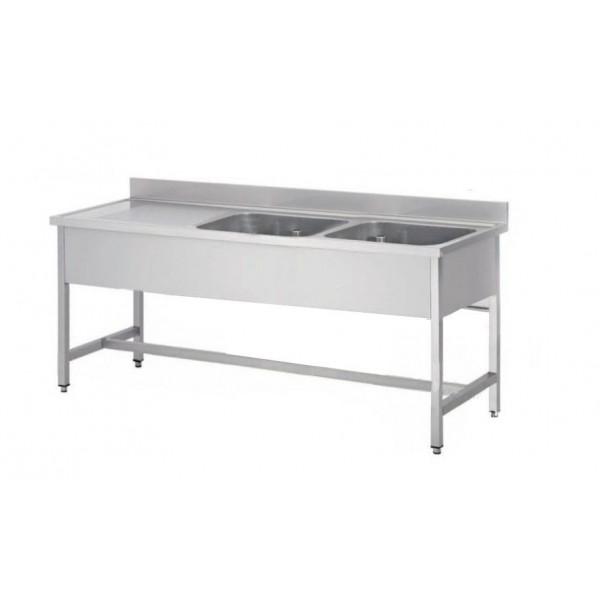 Plonge soudée sur pieds carrés sans étagère, inox ferritique, 2 bacs à droite, dimension bac : L 500 x P 400 x H 300 mm (Longueur, mm: 1800 - Réf F-SP_0