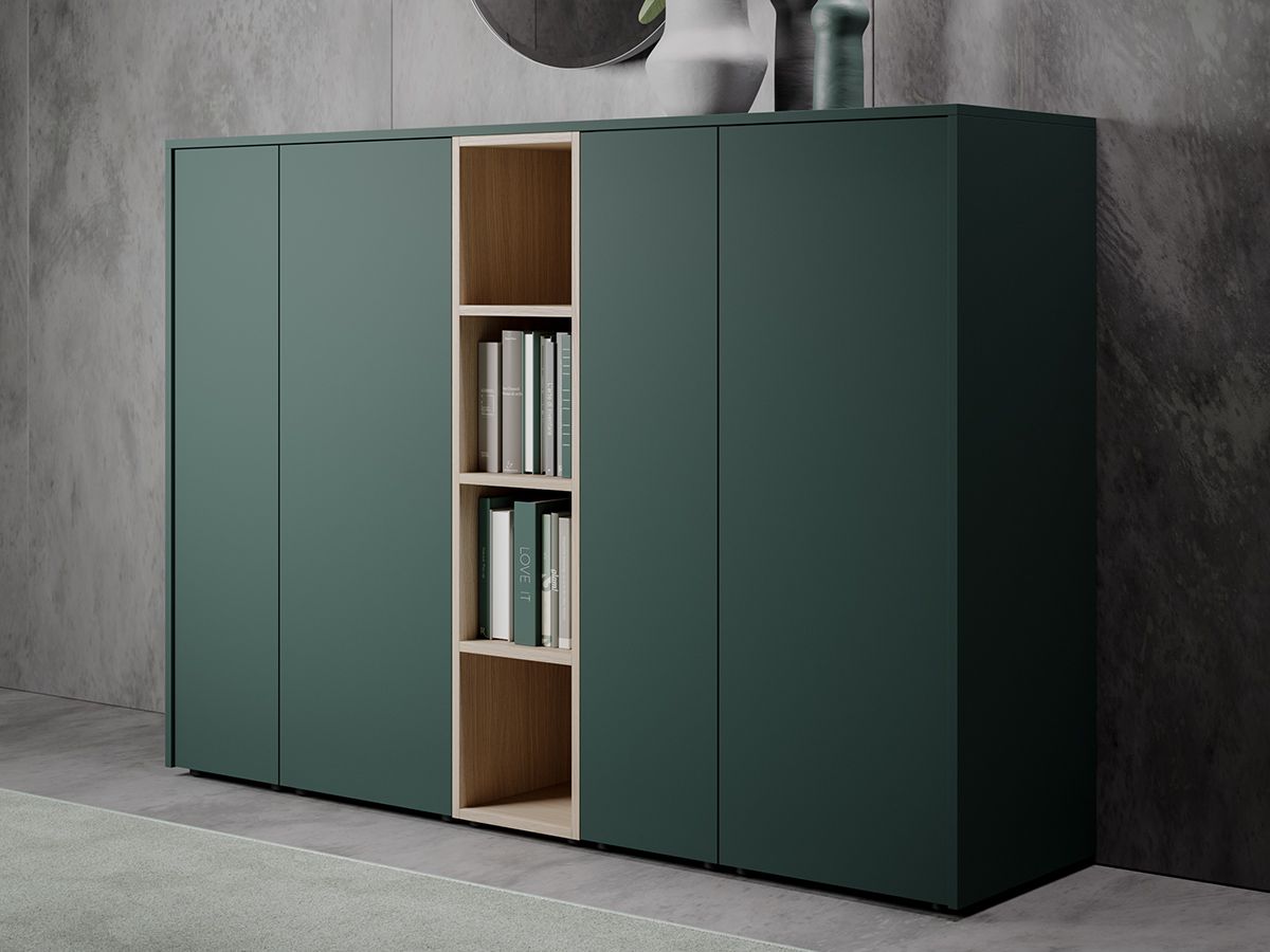 Armoire mi-haute push open laquée Ostara O5 - L184 x H130 cm - 4 compartiments et espace ouvert finition bois_0