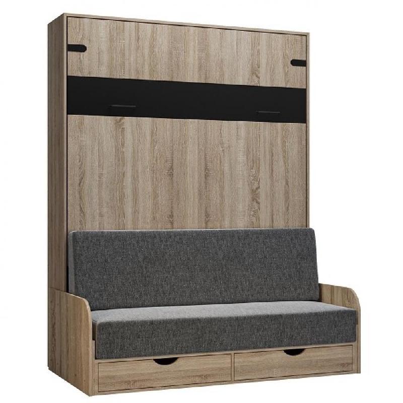 Lit escamotable industriel KEY SOFA - Chêne et canapé gris 160x200 cm avec accoudoirs et rangement_0