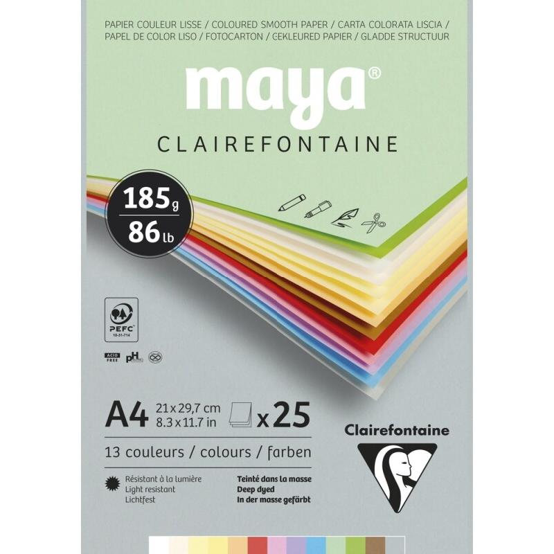 Clairefontaine Lot de 5 Bloc encollé de 25 feuilles de papier Maya, 185 g/m², A4, coloris assortis pastels - 3329689753340_0