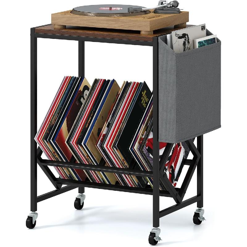 Étagère pour tourne-disque COSTWAY, avec porte-vinyles et porte-revues, support sur roulettes, table d'appoint, brun - marron Bois manufacturé VH35_0