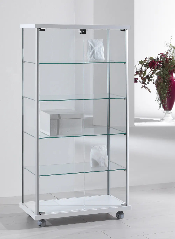 Vitrine d'exposition 73-14VA - largeur 73cm - blanc poli - sur roulettes avec 4 tablettes amovibles et serrure_0