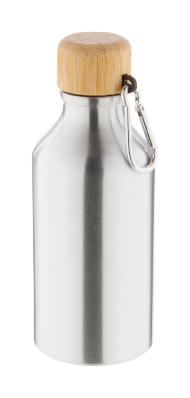 Bouteille en aluminium - 400 ml avec couvercle en bambou et mousqueton - Couleur argenté_0