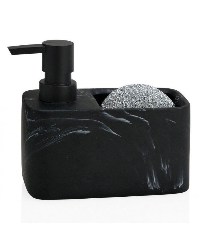 Distributeur de savon Wadiga - polyrésine effet marbre noir - 15x8x14cm avec porte éponge_0
