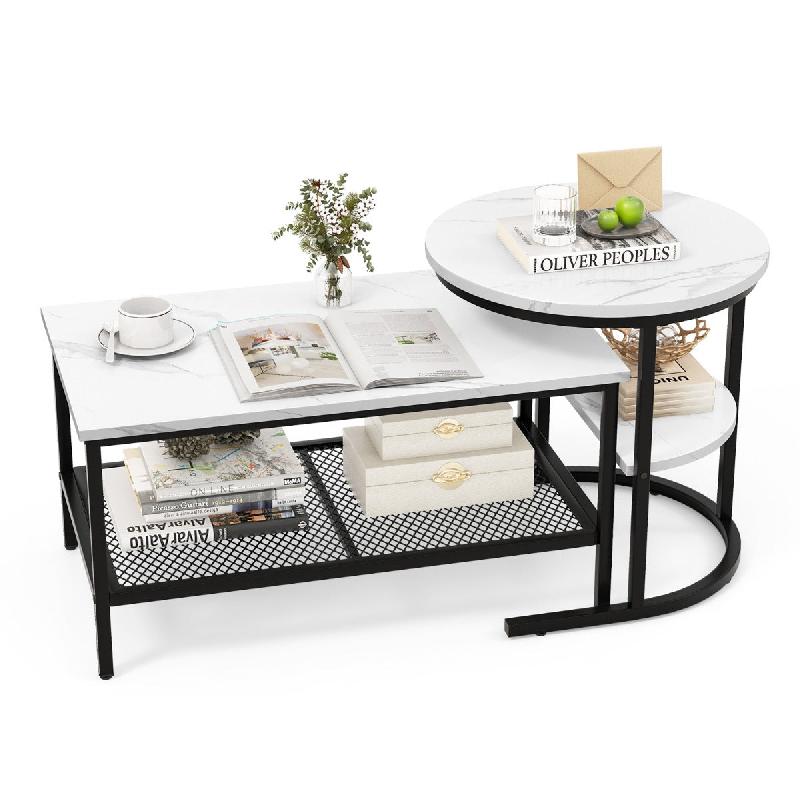 LOT DE 2 TABLES BASSES GIGOGNES SCANDINAVES TABLE D\'APPOINT IMPRIMÉE MARBRE CADRE EN MÉTAL DORÉ REPOSE-PIEDS RÉGLABLES NOIR 20_0008770_0