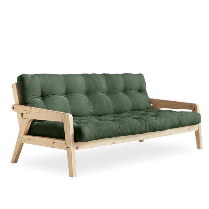 CANAPÉ CONVERTIBLE FUTON GRAB PIN NATUREL COLORIS VERT OLIVE COUCHAGE 130 CM._0