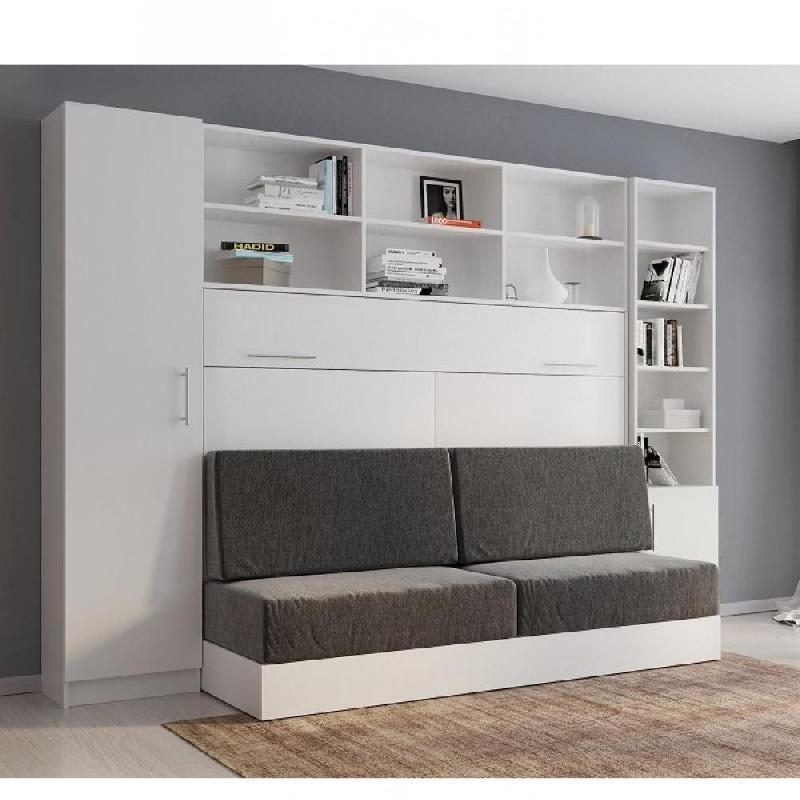 Composition lit escamotable Vertigo Sofa Blanc - Canapé Gris - Couchage 140x200 cm - Largeur 311 cm_0