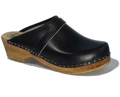 SABOTS CUIR NOIR SEMELLE BOIS NATUREL