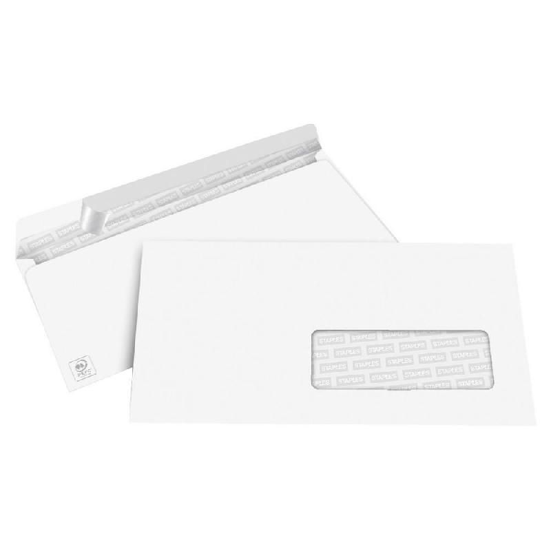 STAPLES BOÎTE DE 500 ENVELOPPES AVEC FENÊTRE - AUTO-ADHÉSIVES - PAPIER VÉLIN - 110 X 220 MM (80 G/M²) - COULEUR BLANC (BOITE DE 500)