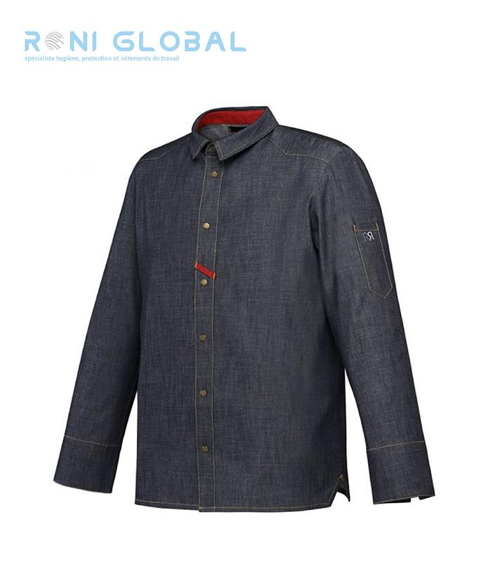 VESTE DE CUISINE HOMME DENIM ROUGE MANCHES LONGUES EN COTON AVEC PANS BISEAUTÉS - VINHO ROBUR_0