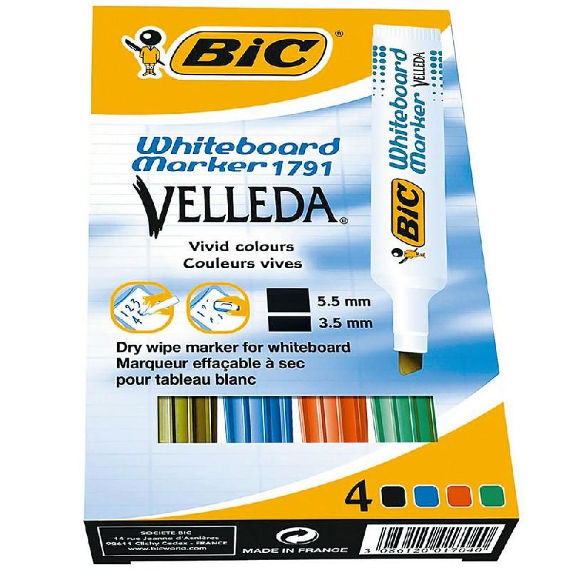 BIC MARQUEUR BIC VELLEDA  - POINTE BISEAUTÉE - 1791 - COLORIS ASSORTIS - POCHETTE DE 4