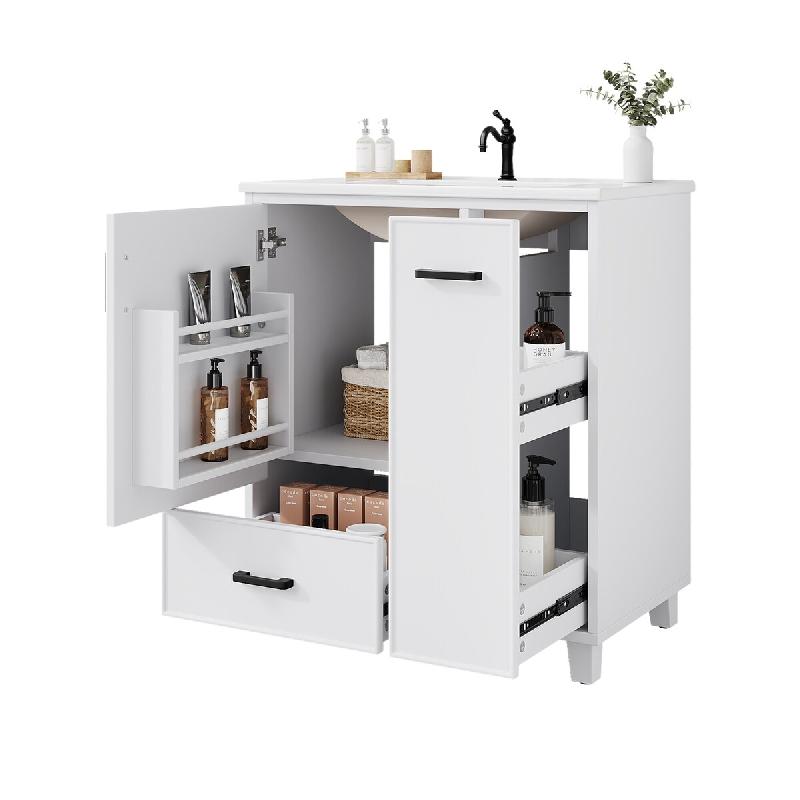 Merax meuble vasque 76.5x47x82 cm, meuble blanc autoportant avec vasque céramique, 2 tiroirs, étagère de porte et Soft-Close - blanc multi-matéria_0