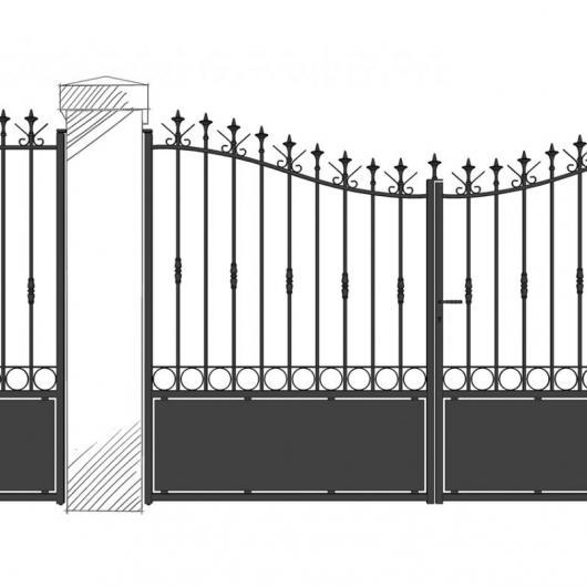 Portail - portillon incurvé Bali avec soubassement tôle, fer de lance et volute haute - bague 1 barreau sur 2_0