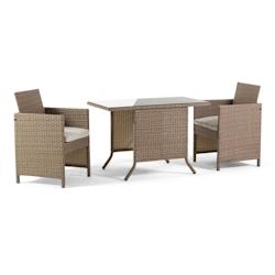 RATTATAN Set de jardin avec table en verre trempé et 2 chaises encastrables en résine tressée avec coussins déhoussables, design compact et robust_0
