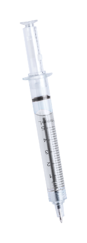Stylo bille en plastique en forme de seringue - corps transparent rempli de liquide - encre bleue_0