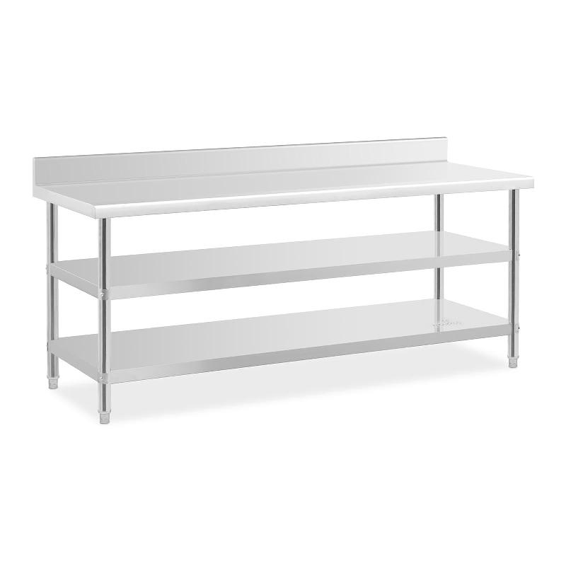 Table de travail en acier inoxydable avec dosseret - 200 x 70 x 16,5 cm - 235 kg - 2 tablettes - Réglable et robuste_0