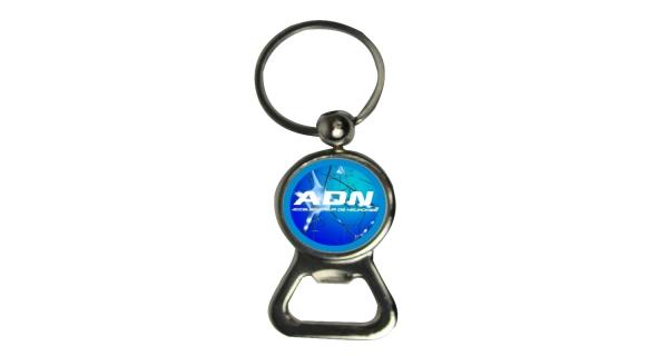 Cadeau publicitaire - Porte-clés décapsuleur en métal argent brillant avec personnalisation et plaque aluminium_0