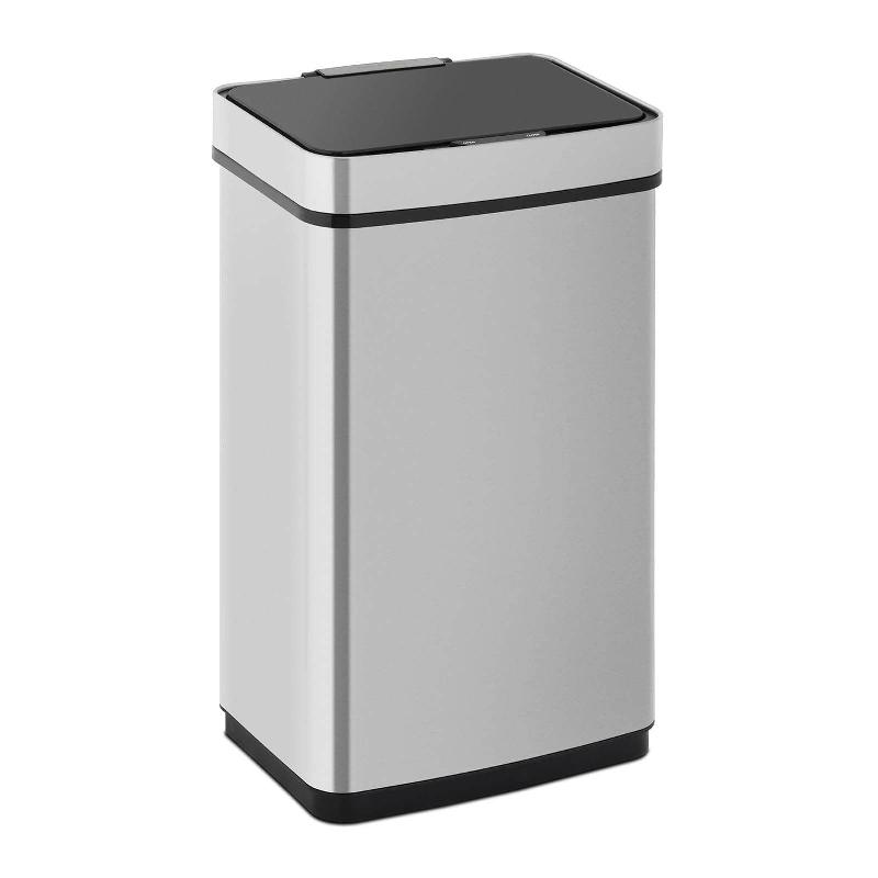 Poubelle automatique compacte rectangulaire - Capteur de mouvement sans contact - Cuisine, salle de bain, chambre - 60 litres, LED, portée 30 cm, piles, inox/ABS - Réf : 14_0004474_0
