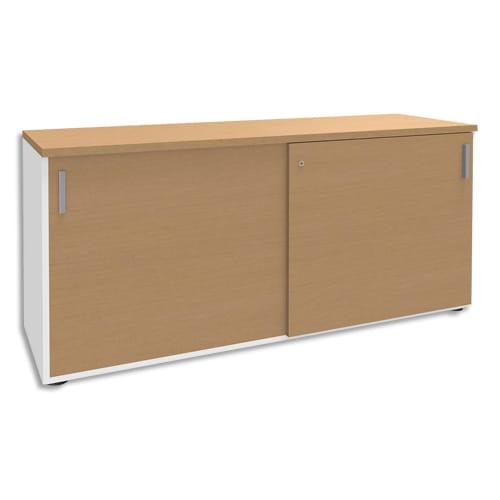 Simmob - Crédence à portes coulissantes Steely en bois blanc et hêtre - L160 x H72 x P47 cm avec 1 tablette intérieure_0