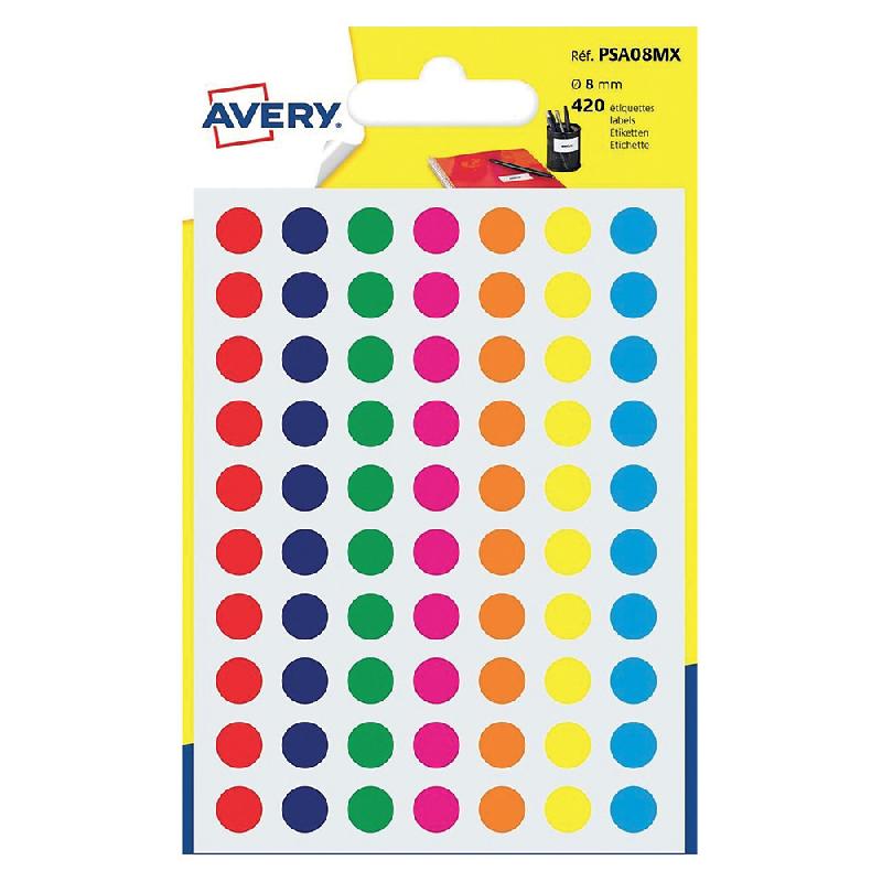10 ETUIS DE 420 PASTILLES ADHÉSIVES COULEUR DIAMÈTRE 8 MM, 7 COLORIS ASSORTIS