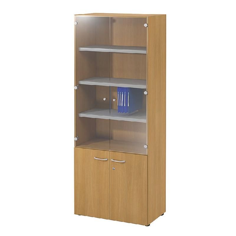 MEUBLE HAUT NF ENVIRONNEMENT VITRINE - H.202 X L. 80 X P. 48 CM - HÊTRE - PORTES BASSES HÊTRE - PORTES HAUTES VERRE