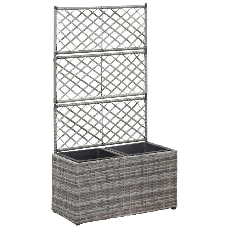 Jardinière lit surélevé en résine tressée gris - Treillis intégré, 2 pots amovibles, 58 x 30 x 107 cm_0