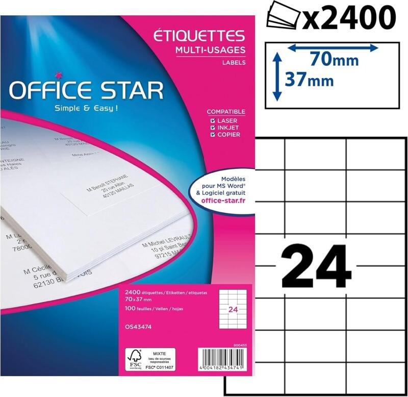 OFFICE STAR - Boite de 2400 étiquettes autocollantes blanches multi-usages, format 70 x 37 mm, personnalisables et imprimables tous types d'imprimant_0