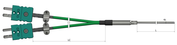 Thermocouple chemisé - Sortie câbles de prolongation avec connecteurs duplex - TM23 - Types K, N, J, T, E, R, S, B_0