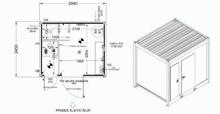 Bungalow de chantier cubo 21130 t / sanitaire / aménagé / ossature en métal / parois en panneau sandwich / 2.94 x 2.45 x 2.29 m_0