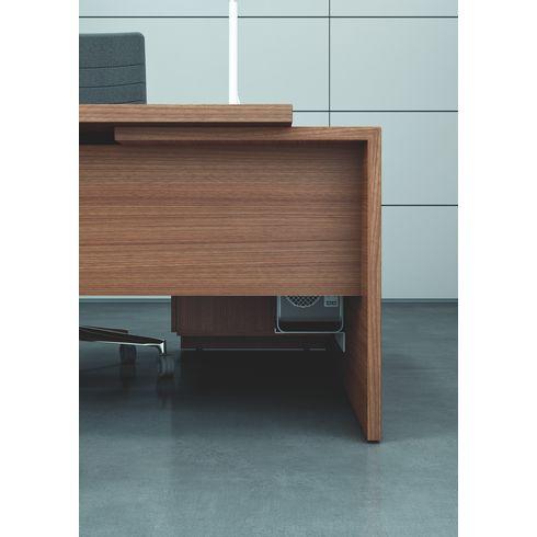 BUREAU RETOUR À GAUCHE SUR CAISSON L 180 X P 90 CM PLATEAU NOYER RETOUR BLANC PIÈTEMENT PLEIN ESSENZZA