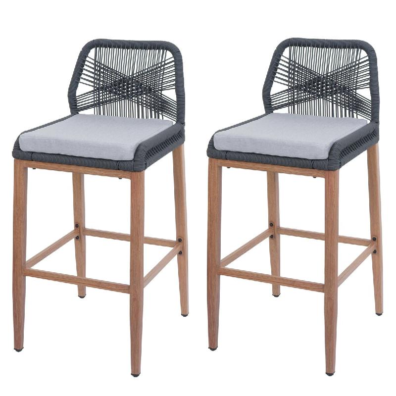 Décoshop26 - Lot de 2 tabourets de bar extérieur avec dossier cordage élastique décoratif gris foncé et repose-pieds structure 04_0009644 - gris_0