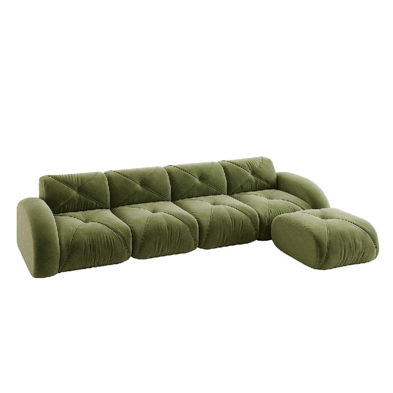 Merax Canapé modulable 4 places avec tabouret, canapé nuage avec accoudoirs ronds, chenille douce, sans cadre près du sol, canapé lounge, vert - v_0