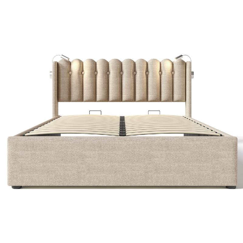 Merax Lit rembourré , lit coffre hydraulique avec liseuse et fonction de chargement 160x200cm, lin, naturel - beige multi-matériau AB20293738N_0