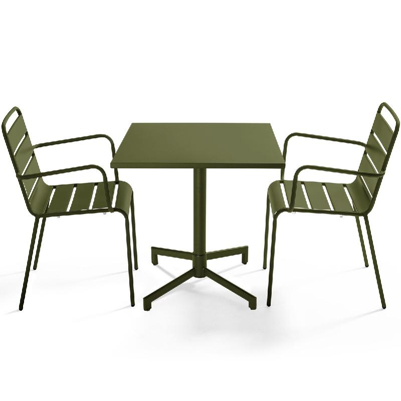 Oviala Business Ensemble table 70 cm et 2 fauteuils de jardin en métal vert kaki - vert acier 114677_0