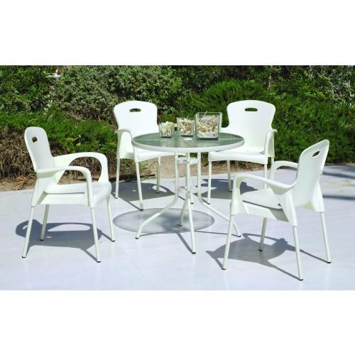 SALON DE JARDIN EN ACIER PLATEAU VERRE TREMPÉ ALMERA 4 PERSONNES HEVEA