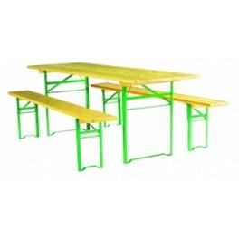 Table pliante et ensemble brasserie - Plateau pin massif 30 mm - Bancs et chariot inclus_0