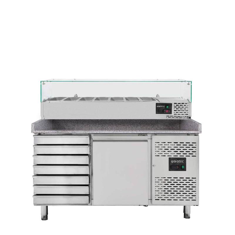 Vaiotec Comptoir à pizza 1 porte + 7 tiroirs temp. De +2 °C à +8 °C « gris » incl. Vitrine réfrigérée en verre GN1/4 - argenté inox 11257_0