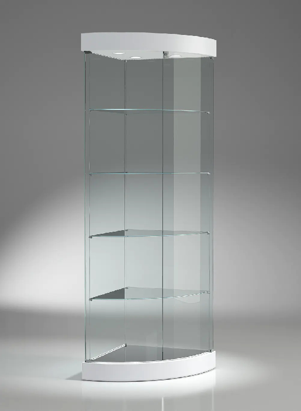 Vitrine d'exposition 209/ANVA cylindrique d'angle - blanc poli avec éclairage LED et tablettes réglables_0