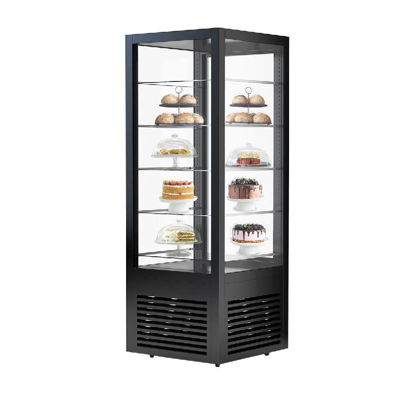 Vitrine réfrigérée à pâtisserie sur roulettes avec 4 côtés vitrés et 5 étagères - couleur noire_0