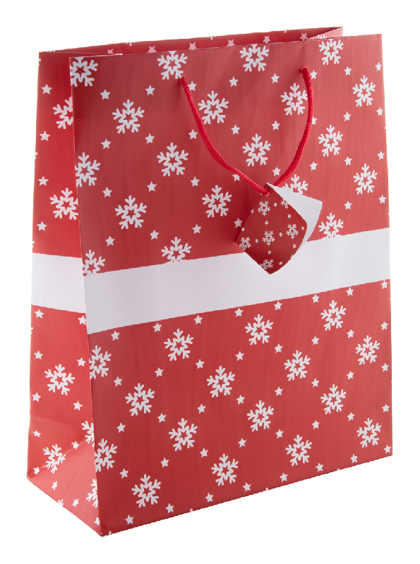 Sac cadeau Noël en papier laminé mat - grand format, rouge avec motif de Noël et étiquette cadeau_0