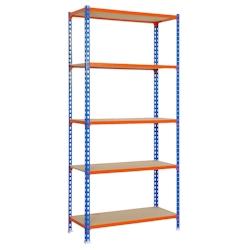 SimonRack Etagère métallique sans vis Maderclick 5 plateaux de 150 kgs par plateau couleur BLEU/ORANGE/BOIS 1800x900x300 mm (haut x largeur x profon_0