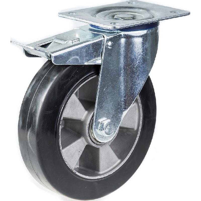 Roulette pivotante/frein de 200 mm en caoutchouc élastique noir sur roue centrale en aluminium_0