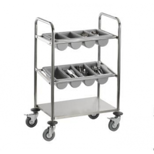 Chariot porte couverts 2 étages - acier inoxydable avec 2 contenants et tablette de rangement_0