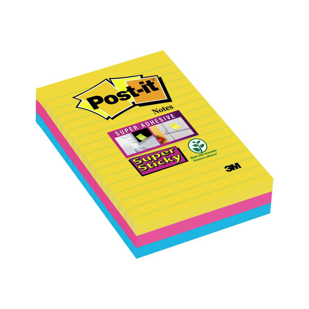 NOTES POST-IT SUPER STICKY LIGNEES - GRAND FORMAT 10,2 X 15,2 CM - COLORIS RIO ASSORTIS - LOT DE 3 BLOCS DE 90 FEUILLES