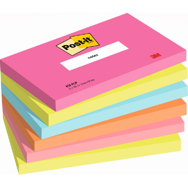 NOTES REPOSITIONNABLES POST-IT POPTIMISTIC 76 X 127 MM COLORIS ASSORTIES - 6 BLOCS DE 100 FEUILLES