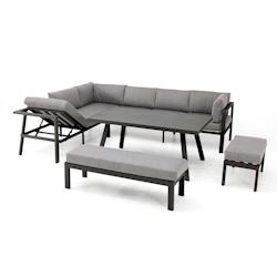 DCB GARDEN - Ensemble repas de jardin 9 places en aluminium anthracite - ANTALYA - table, canapé réhaussable, méridienne, bancs et coussins déhoussables_0